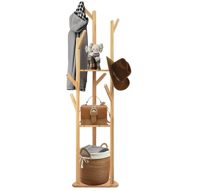 JEOBEST Garderobenständer Bambus Kleiderständer in Baumform mit 9 Haken, 3 Ebenen, Freistehender Kleiderständer für Kleidung Hüte Tasche, Beige, – Produktbild 1 von 5