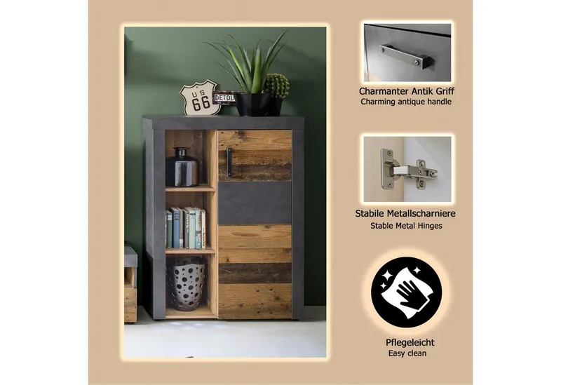 Home affaire Highboard Ilana, Stauraumschrank mit 1 Tür & 3 Fächern - (B/T/H) 87/34/118 cm, Grau, – Produktbild 1 von 5