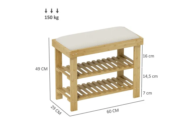 HOMCOM HOMCOM Schuhbank Bambus Sitzbank, Schuhregal 2 Fächer, Garderobenbank, 60x29x49cm (Schuhregal aus Bambus, 1-St., Schuhbank mit Sitzfläche), für Wohnzimmer, Flur, Cremeweiß+Naturholz, Weiß, – Produktbild 3 von 5