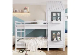 Merax Etagenbett mit Dach, Fenster und Handlauf (1-St), Kiefer Kinderbett 90x200cm mit Fallschutzgitter Seitentreppe Dachform – Produktbild 1 von 1