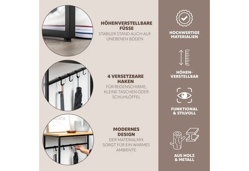 eluno Konsolentisch mit 1 Holzablage, 4 Haken, höhenverstellbare Füße, Schwarz, – Produktbild 3 von 5