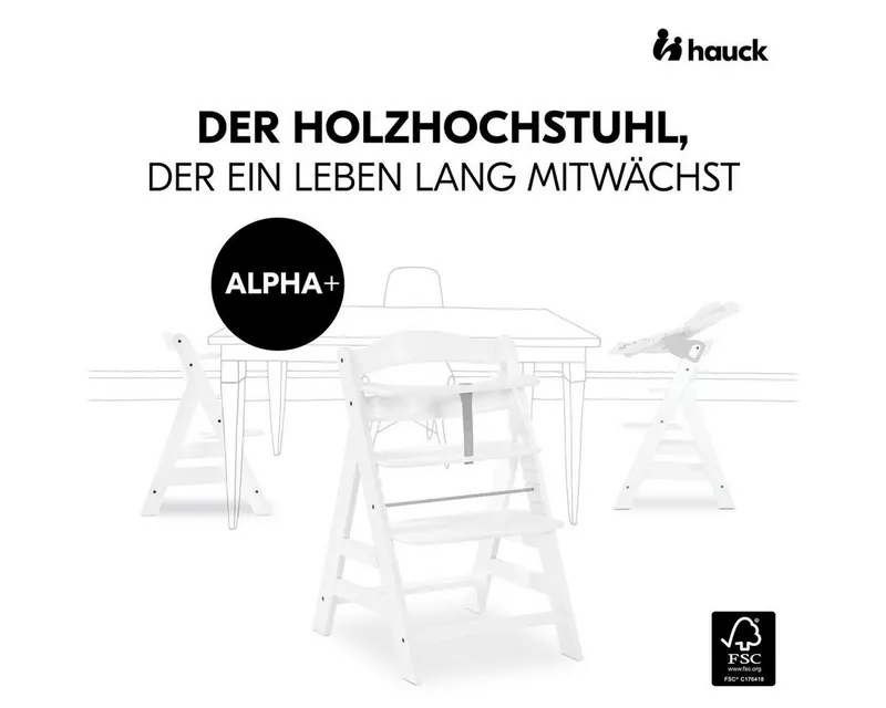 Hauck Hauck Hochstuhl Alpha Plus - White, Mitwachsender Holz Kinderhochstuhl mit Gurt, Schutzbügel & Sitzauflage, Weiß, – Produktbild 3 von 5