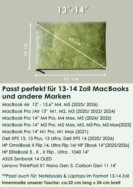 BY COPALA BY COPALA Gefütterte nachhaltige Laptop Hülle 13–14 Zoll aus Blattleder – Handgenähte vegane Laptoptasche, wasserabweisendes Laptop Case, für MacBook Air & Pro in grün – Produktbild 1 von 4