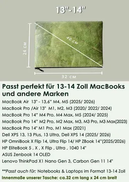 BY COPALA BY COPALA Gefütterte nachhaltige Laptop Hülle 13–14 Zoll aus Blattleder – Handgenähte vegane Laptoptasche, wasserabweisendes Laptop Case, Unikat für MacBook Air & Pro in grün – Produktbild 1 von 1