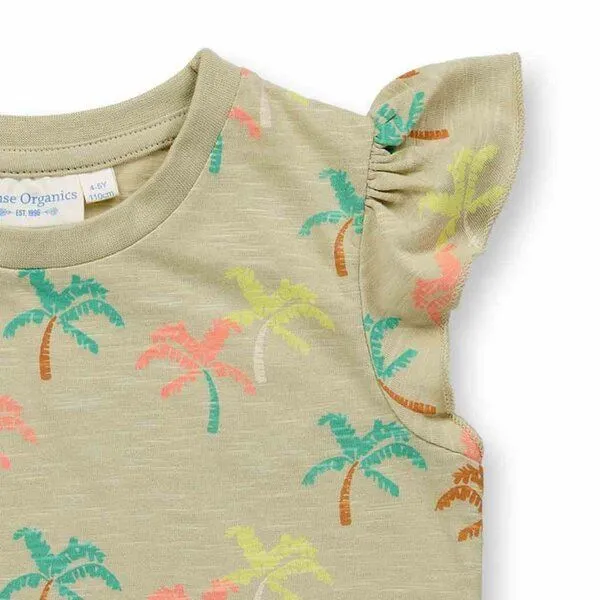 Sense Organics Sense Organics Mädchen T-Shirt mit Palmen, Modell NANA, Palmen-druck auf hellem schilfgrün, – Produktbild 3 von 4
