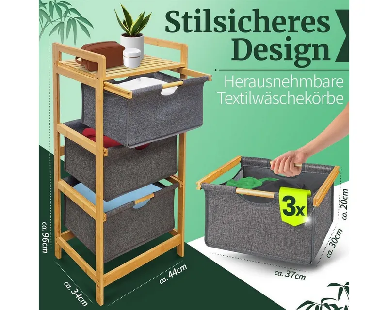 HEIMWERT Wäschekorb Wäschekorb Regal 3 Fächer Wäschesortierer Wäschesammler, 44 x 34,5 x 96 cm groß für Badezimmer und Schlafzimmer, Grau, – Produktbild 2 von 5