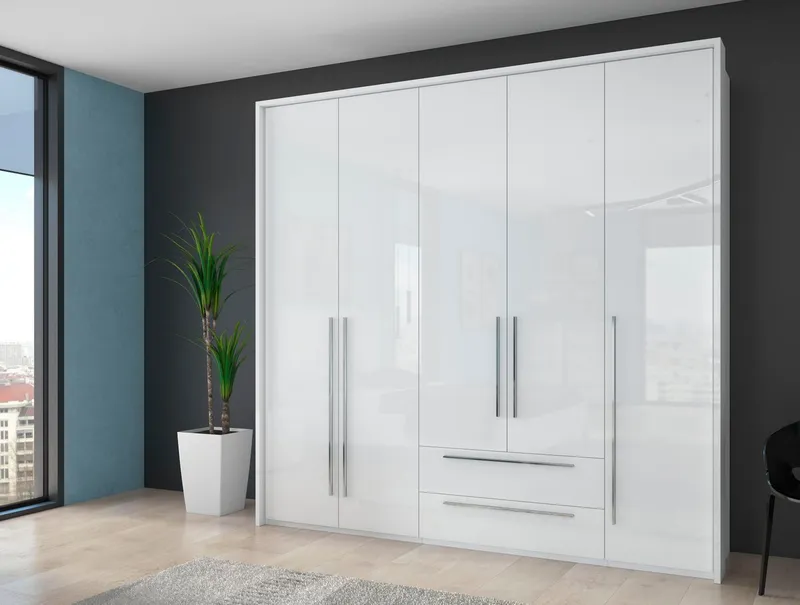 OTTO home Drehtürenschrank Piano, inklusive Rahmen und Beleuchtung, soft-close-Funktion (viele Breiten zur Auswahl, 226cm hoch, mit jeweils 2 Schubladen) beige oder weiß, UV lackiert, Hochglanzfronten, FSC-zertifiziert, Weiß, – Produktbild 8 von 8