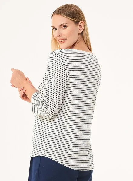 ORGANICATION ORGANICATION Gestreiftes 3/4-Arm Shirt aus Bio-Baumwolle und Leinen, Weiß(off white), – Produktbild 3 von 4