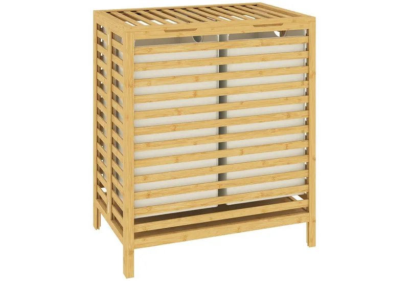 HOMCOM HOMCOM Wäschekorb (Wäschebox, 1 St., Wäschesammler), 64 Liter, faltbar, Doppelkorb, Bambus, Beige, – Produktbild 2 von 5