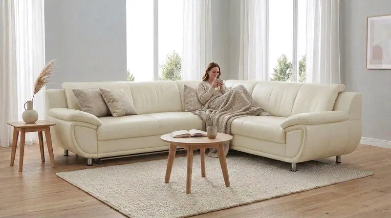TRENDMANUFAKTUR Ecksofa Rondo 267 cm, elegant, bequem, Breite, L-Form, Chromfüße, L-Form, wahlw.mit Federkern, Füße chromfarben, Unser Dauertiefpreis, Weiß, – Produktbild 1 von 5
