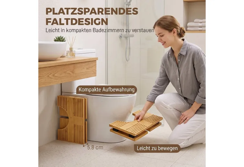 HOMCOM HOMCOM Badhocker Ergonomischer Toilettenhocker aus Bambus (Set, 1 St., 1er), klappbar, rutschfest, U-Aussparung, Beige, – Produktbild 5 von 5