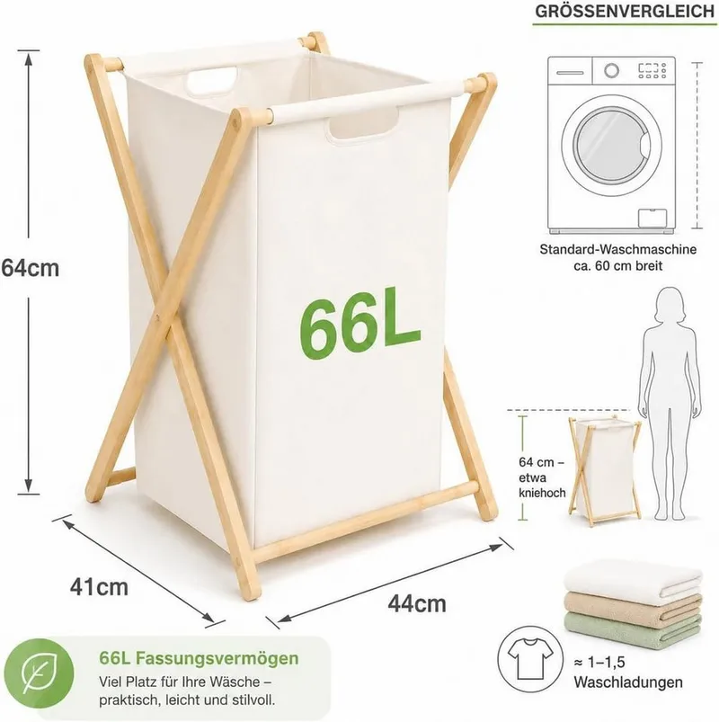 Zedelmaier Wäschekorb aus Bambus, Wäschesammler mit Fächern, Wäschesortierer Holz (2 St), mit 66 Liter pro Stück, für Badezimmer Schlafzimme Waschküche, Beige, – Produktbild 3 von 5