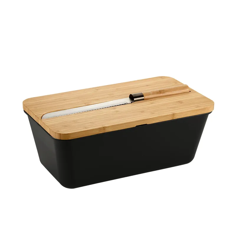 Kesper Brotbox mit Bambus-Schneidebrett und Messer, Schwarz | braun, – Produktbild 1 von 5