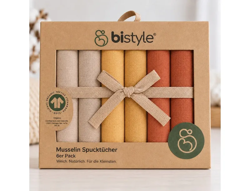 bistyle bistyle Spucktuch Musselin Mulltuch für Babys 20x20cm, (Set, 6-tlg., 6er-Pack), waschbare Musselin-Spucktücher saugstark, 4-lagig, 100% Bio-Baumwolle, Beige|gelb|rot, – Produktbild 5 von 5