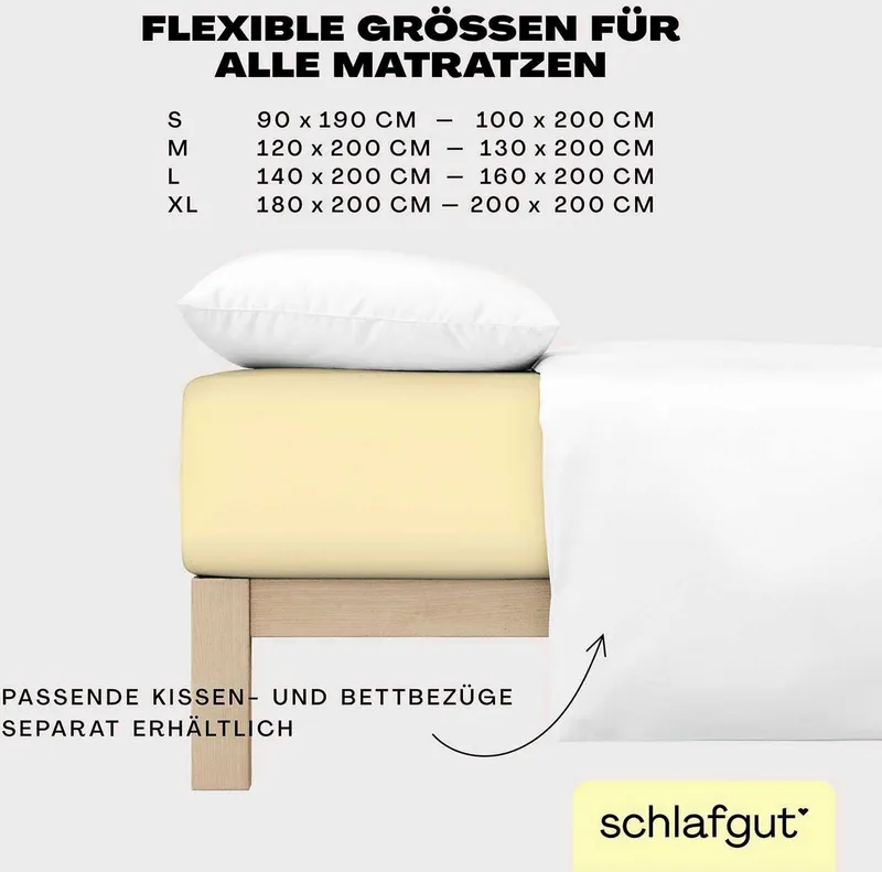 Schlafgut Schlafgut Spannbettlaken EASY JERSEY Bettlaken, 150 g/m², 100% Baumwolle, Spannbetttuch, Jersey, Gummizug: rundum, (1 Stück), Spannbettlaken bis 22 cm Höhe, bügelfrei, pflegeleicht, perfekter Sitz, Gelb, – Produktbild 1 von 5