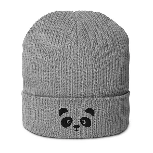 PepMelon Gesticktes Panda-Gesicht, gerippte Mütze aus Bio-Baumwolle, Grau, – Produktbild 1 von 5