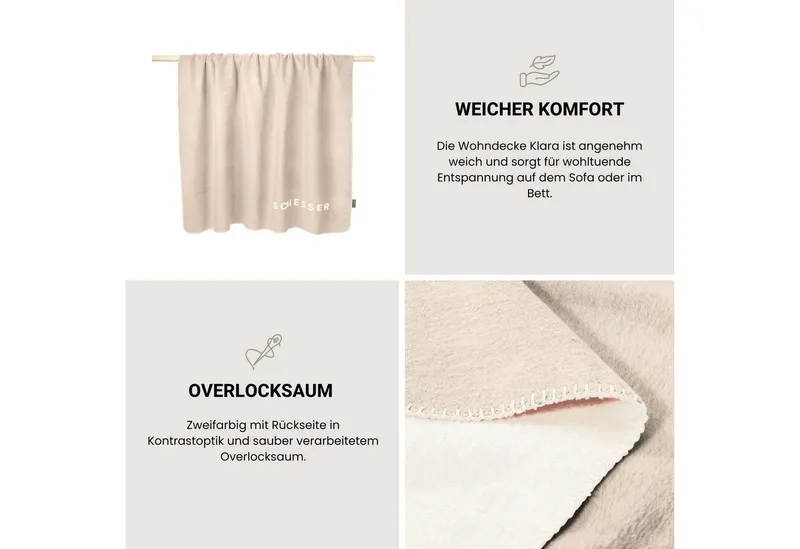 Schiesser Wohndecke Kuscheldecke Klara in Wendeoptik - Baumwoll-Mix - warm und flauschig, Schiesser, OEKO-TEX® MADE IN GREEN, Beige, – Produktbild 4 von 5