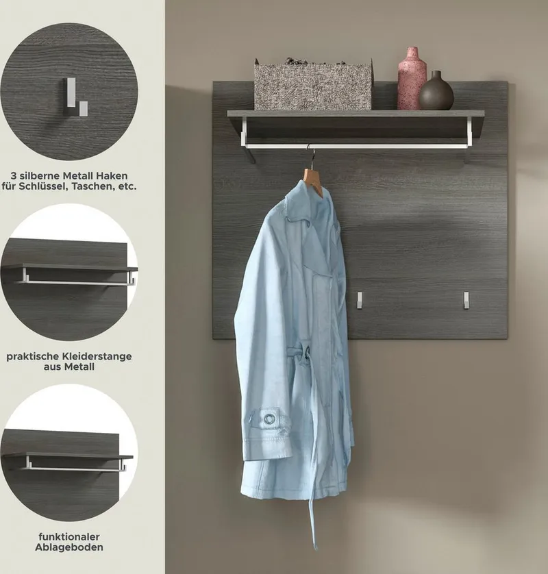 Home affaire Garderobenpaneel Rumba, Breite 80cm, 3 Haken, 1 Kleiderstange, 1 Ablageboden, Garderobe, Paneel, Wandpaneel, Flurmöbel, Grau|silberfarben, – Produktbild 4 von 5