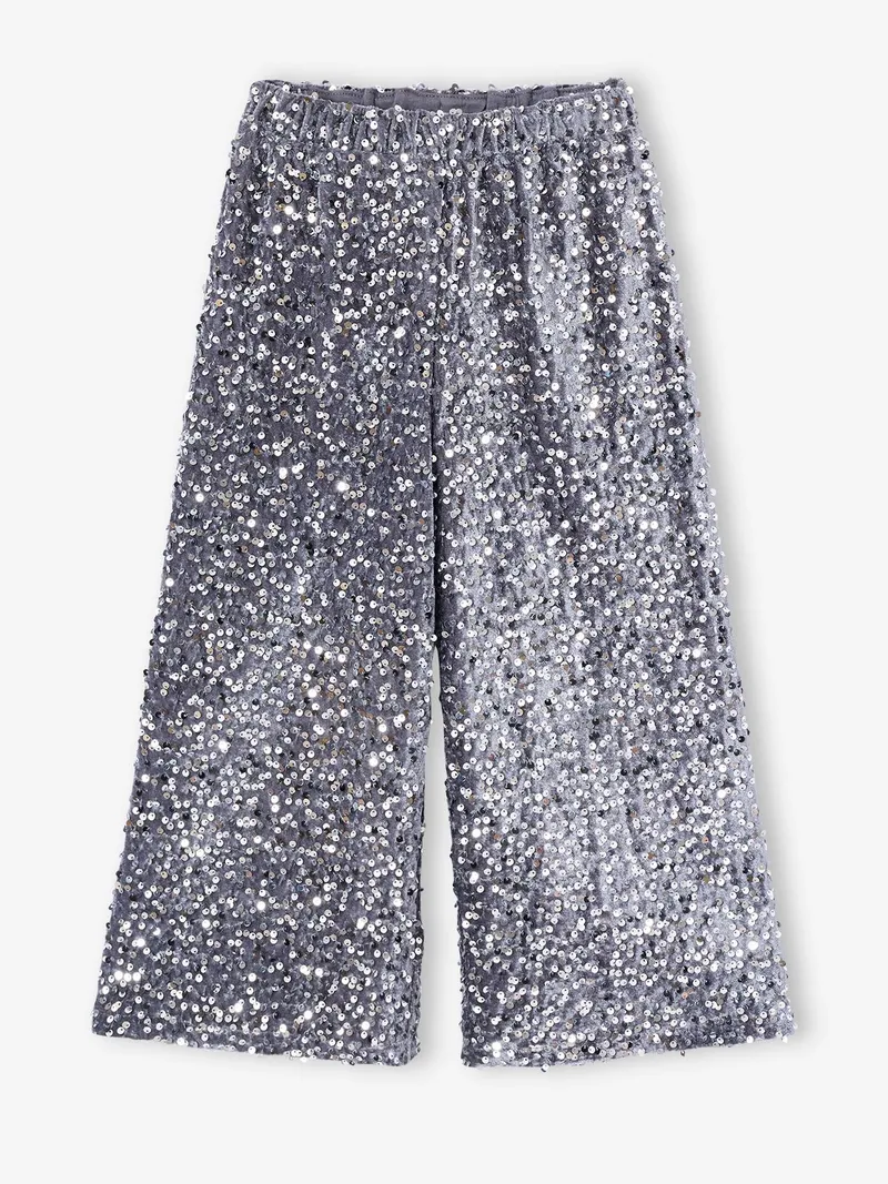 Vertbaudet Vertbaudet Weite Pailletten-Hose mit Jerseyfutter und Dehnbund Mädchen, Silber, – Produktbild 4 von 4