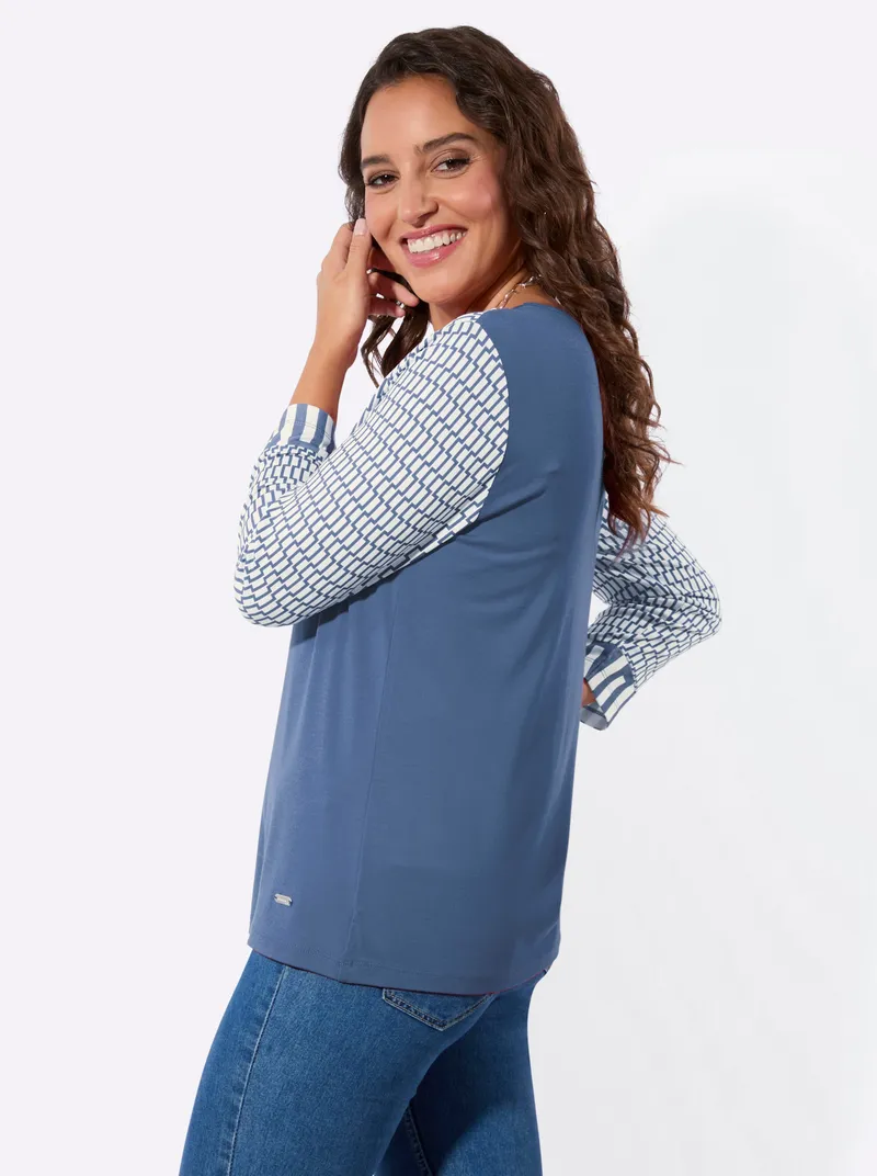 Witt 3/4-Arm-Shirt jeansblau-ecru-bedruckt, Jeansblau-ecru-bedruckt, – Produktbild 1 von 2