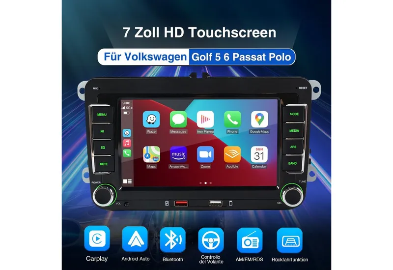 ESSGOO Für VW Golf 5 6 Plus Touran Caddy Jetta Autoradio Carplay Android Auto Autoradio (System : WinCE, Rückfahrkamera(optional), 2 DIN, AM/FM, SWC, CANBUS-Adapter ENTHALTEN (optimiert für Windows CE-System), Schwarz, – Produktbild 2 von 5