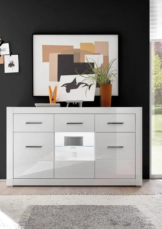Home affaire Sideboard Bianco, moderner Schrank, Kommode in Weiß Hochglanz, silberne Metallgriffe, ausreichend Stauraum, zeitlos, 164 cm breit, Weiß, – Produktbild 2 von 5