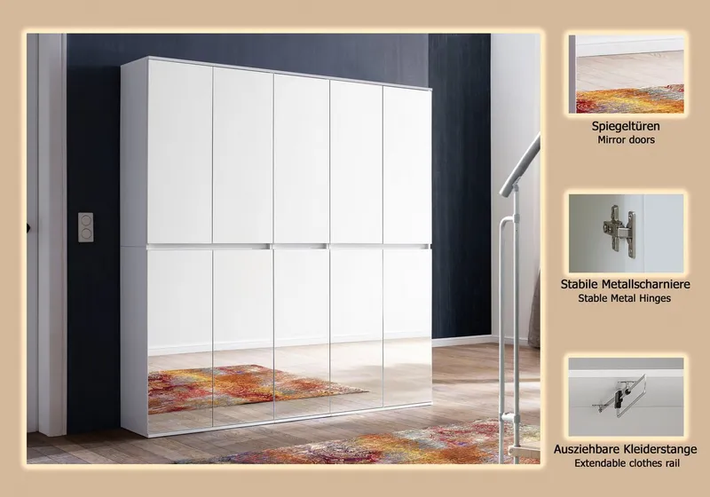 Home affaire Garderoben-Set Malcesine, (3-St), 3 Mehrzweckschränke mit Spiegelglasfronten - (B/T/H) 185/34/191 cm, Weiß, – Produktbild 1 von 3