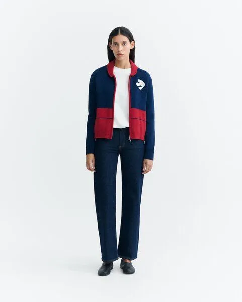 thinking mu thinking mu Strickjacke mit Reißverschluss und Retromotiv, Rot-blau-weiß, – Produktbild 3 von 3