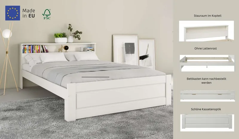 OTTO home Massivholzbett FLAVION, TOPSELLER! Jugendbett, FSC® zertifizierte massive Kiefer (Breite: 140), Qualitätsprodukt, Regal, Kassettenoptik, Schublade optional, Weiß, – Produktbild 3 von 5