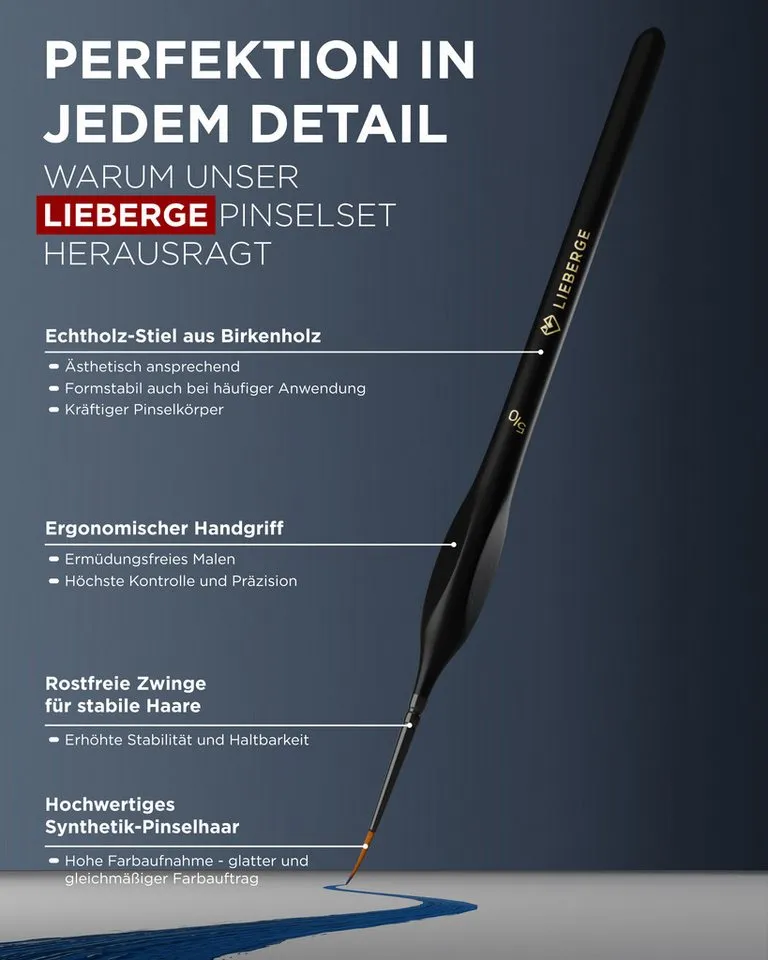 LIEBERGE Malpinsel Premium Set – 10 Detailpinsel für Acryl, Aquarell, inkl. Präsenter, (Set, 10 St., Pinselpräsenter, Flachpinsel, Fächerpinsel, Rundpinsel, Schrägpinsel), Synthetikhaar, vegan, langlabig, hohe Farbaufnahme, Anfänger, Profis, Schwarz, – Produktbild 5 von 5