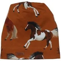 Walkiddy Babymütze GOTS-zertifiziert aus Bio-Baumwolle, braun mit Joyful-Horses-Print, weicher Jersey, dehnbar & hautfreundlich – Walkiddy – Produktbild 1 von 1