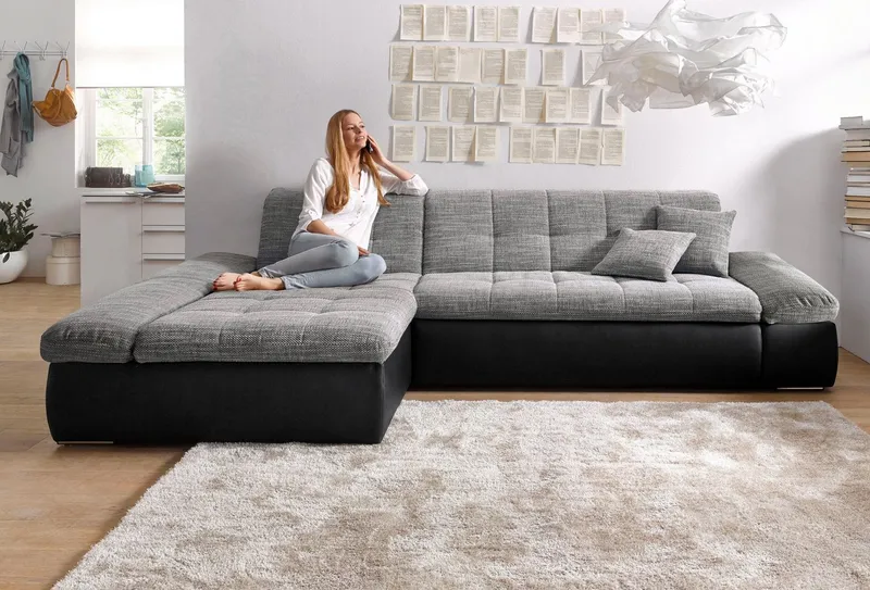 DOMO collection Ecksofa MORIC 300x172 cm, XXL-Sofa mit viel Platz, L-Form, auch in Cord, wahlweise mit Bettfunktion und Armteilverstellung. Schwarz-weiß-grau, Schwarz, – Produktbild 2 von 6