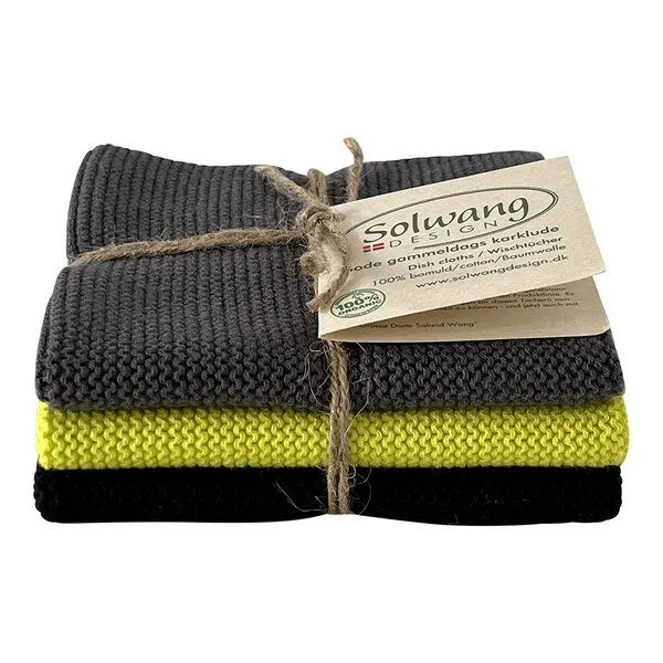 Solwang Design Solwang Design 3er-Set Spültücher aus 100% Biobaumwolle, Dunkelgrau-zitrone-schwarz, – Produktbild 1 von 2