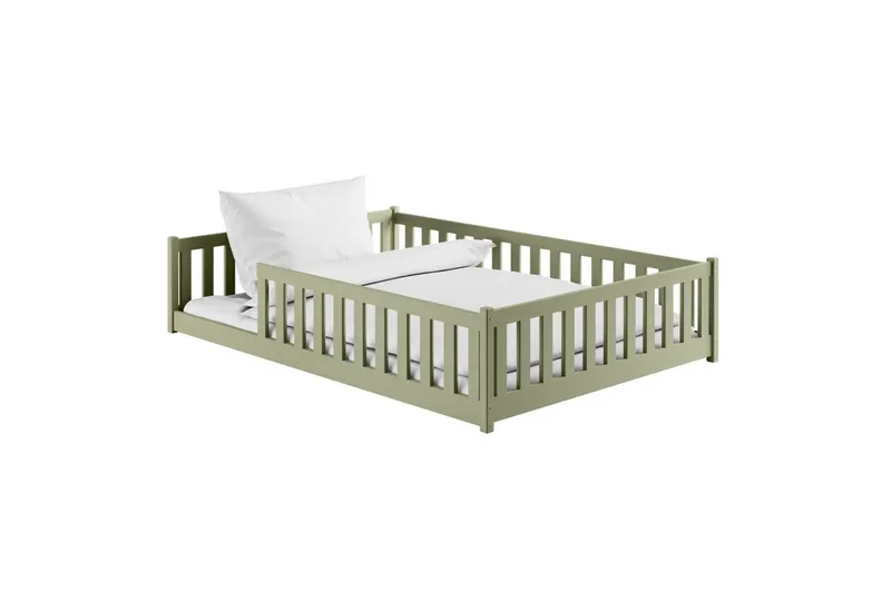 Kids Collective Kinderbett Bodenbett Bett mit Rausfallschutz & Lattenrost Montessori Bett Kinder (Jungen, Mädchen, Kinder, weitere Größen 80x160, 80x180, 90x190, 90x200, 120x200 cm), Jugendbett Gitterbett Einzelbett mit Matratze, Olivgrün 140x200 cm, Grün, – Produktbild 2 von 5
