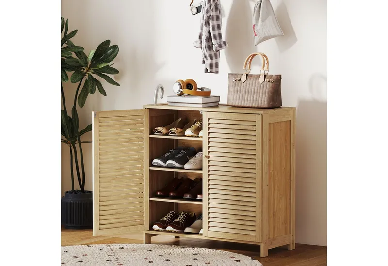 HOMCOM HOMCOM Schuhschrank aus Bambus mit verstellbaren Einlegeböden (Set, 1-St., 1er Set) für ca. 14 Paar Schuhe, Lamellentüren, Beige, – Produktbild 1 von 5