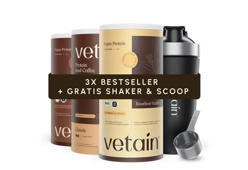 VETAIN Vegan Protein Bundle + Gratis Edelstahl Shaker & Scoop Pulver, 3 er Spar-Set à – Produktbild 1 von 5