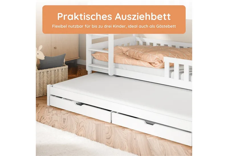 Kids Collective Etagenbett Hochbett Stockbett Kinderbett 90x200 cm mit Ausziehbett und Schubladen (Umbaubar zu 3 Einzelbetten), mit Lattenrosten & Rausfallschutz weiß, Weiß, – Produktbild 4 von 5