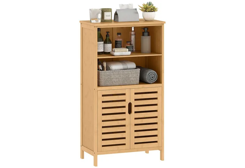 kleankin kleankin Badkommode Beistellschrank, Mehrzweckschrank mit Kippschutz, Landhausstil (Badschrank, 1 St., Badezimmerschrank), Naturholz, 50 x 29 x 92 cm, Beige, – Produktbild 2 von 5