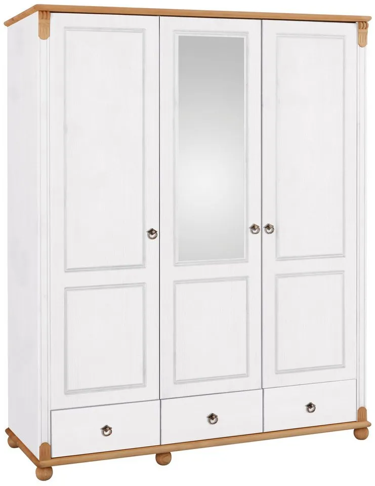 OTTO home Kleiderschrank Tessin, Dretürenschrank, 3-türig (B/H/T ca. 152/191/59 cm) Breite 152 cm, Kiefer massiv, mit Spiegel und 3 Schubladen, Weiß, – Produktbild 2 von 5