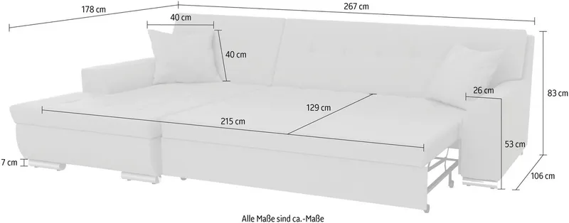 DOMO collection Ecksofa TREVISO viele Bezüge, auch in Cord, L-Form, 267x178 cm, mit Bettfunktion, inkl. Zierkissen, Unser Dauertiefpreis, Schwarz|silberfarben, – Produktbild 8 von 8