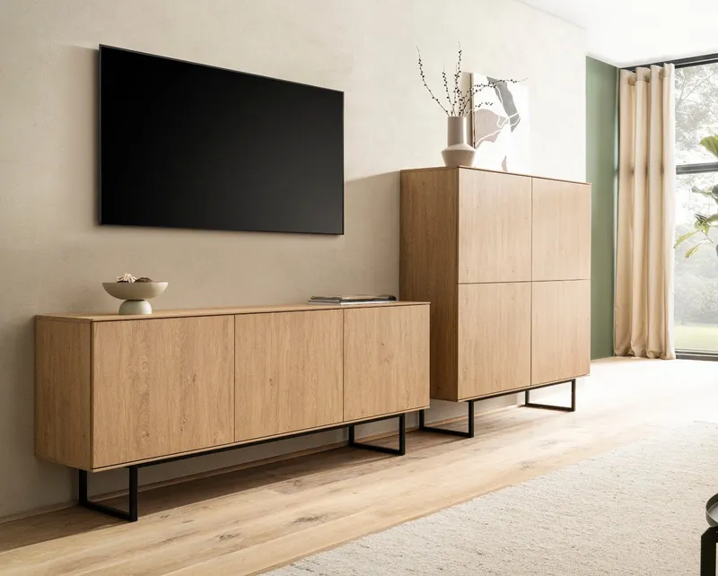 Furn.Design Wohnwand Breda, (Wohnzimmer Set in Stone Eiche Dekor, 2-teilig, ca. 280 cm), 14 Fächer, Push-To-Open-Funktion, Beige, – Produktbild 3 von 5