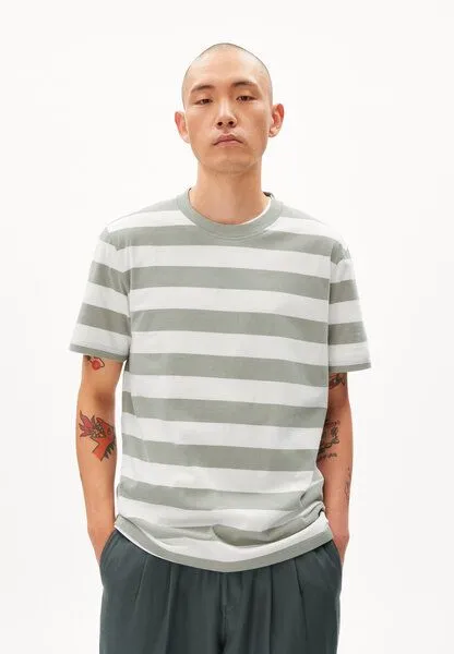 ARMEDANGELS ARMEDANGELS BAHAAR STRIPES - Herren T-Shirt Relaxed Fit aus Bio-Baumwolle, Oatmilk-grey green, – Produktbild 1 von 4