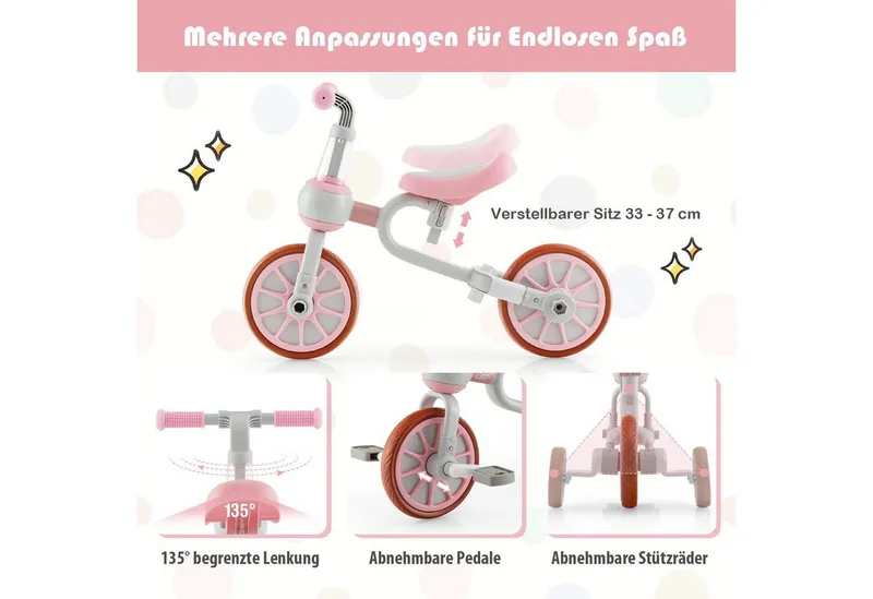 COSTWAY Costway 4 in 1 Kinder Dreirad & Laufrad & Balance Bike & Schiebeauto mit verstellbarem Schiebegriff – Produktbild 4 von 6