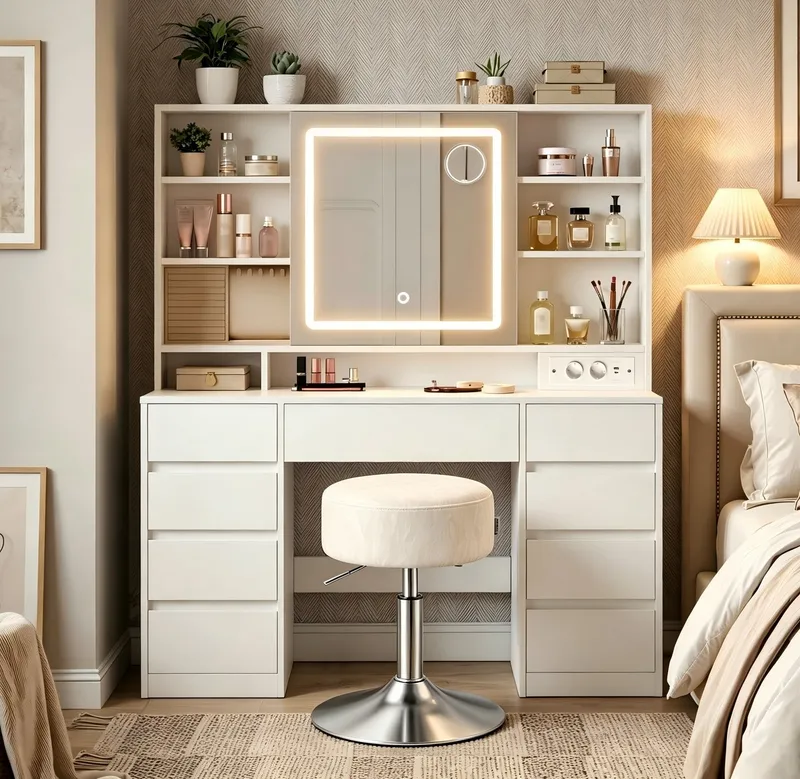 VASAGLE Schminktisch Hocker Steckdosenleiste (1 Tisch mit 1 Hocker), 10x Vergrößerungsspiegel, 3 Lichtfarben, werkzeuglose Gleitschienen, Weiß, – Produktbild 1 von 5