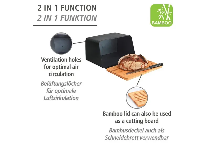 Wenko Wenko Brotkasten Modell Kubo, Bambus, Kunststoff, (1-tlg), moderne Brotbox mit integriertem Schneidebrett als Deckel, Braun|schwarz, – Produktbild 3 von 5