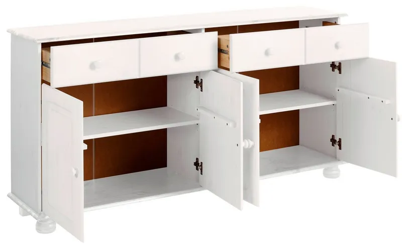 OTTO home Sideboard Mette Kommode mit 4 Türen & 2 Schubladen, die optisch geteilt sind, aus massiver Kiefer, dekorative Fräsung, 2 verstellbare Einlegeböden, Weiß, – Produktbild 5 von 5