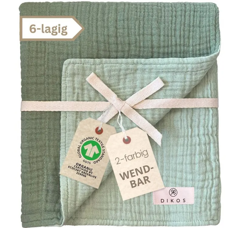 Babydecke Musselin Babydecke 6-lagig gekreppt, 100% GOTs Bio-Baumwolle, DIKOS, PREMIUM Qualität, 70x100 cm, atmungsaktiv, nachhaltig, kuschelweich, Mint, – Produktbild 1 von 5
