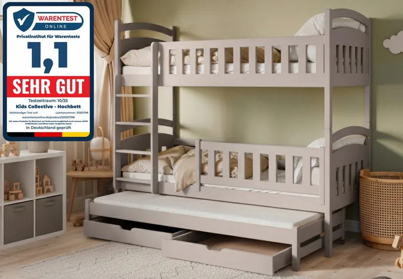 Kids Collective Etagenbett Hochbett Stockbett Kinderbett 90x200 cm mit Ausziehbett und Schubladen, Umbaubar zu 3 Einzelbetten mit Lattenrosten & Rausfallschutz, Grau, – Produktbild 1 von 5