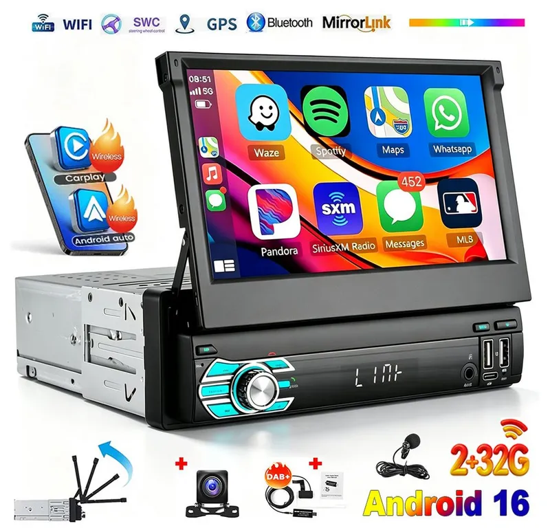 ESSGOO DAB+ 4+64G 1 DIN 7'' Flip Out Android 15/16 Carplay Autoradio GPS WIFI Autoradio (RDS, 4+64GB(optional), Digitalradio (DAB), FM, GPS, WIFI, Apple Carplay Android Auto GPS Navi WIFI BT EQ), Schwarz, – Produktbild 2 von 4