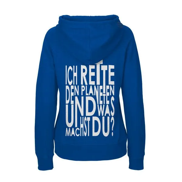 HANDGEDRUCKT HANDGEDRUCKT "Weltretten" Frauen Hoody aus reiner Biobaumwolle (kbA), Royalblau, – Produktbild 1 von 4